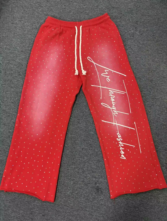 Red oversized jeweled stoned sweats       100% cotton sun faded wide legged Joggers