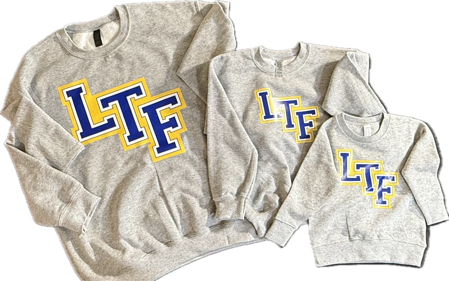 Heather gray hoodie or crew neck sweatshirt with blue and